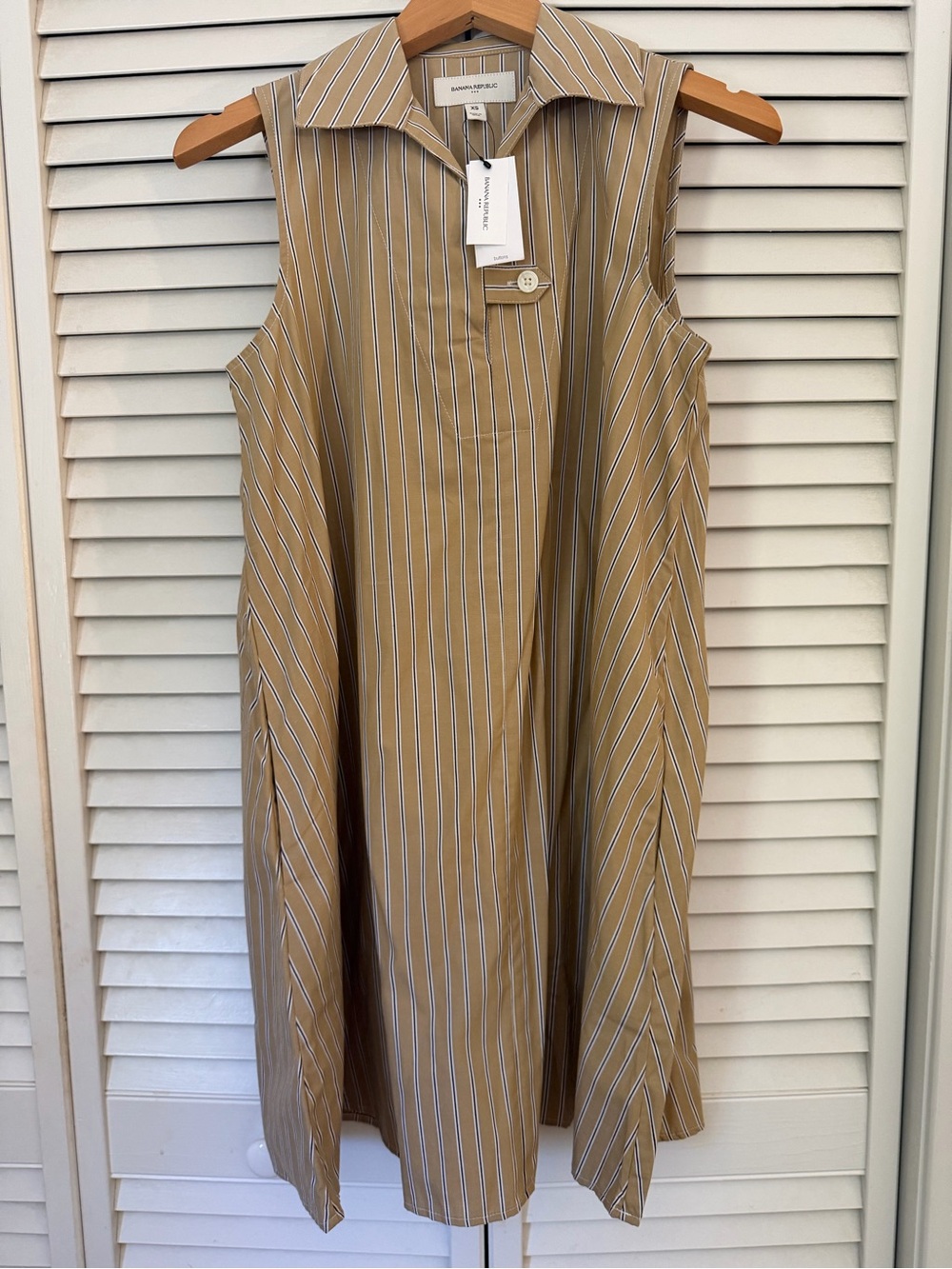Banana Republic Tan and White Striped Sleeveless Shirt Dress